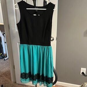 Black and Teal Dress with lace detail.